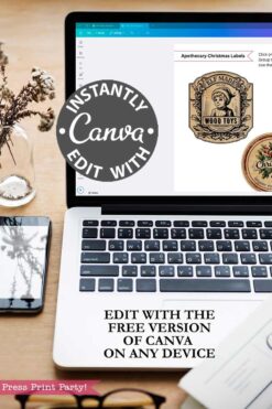 A laptop on a desk shows the “Vintage Christmas Stickers Printable - Set 1” in a Canva workspace. Text reads: