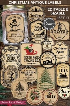 Vintage Christmas Stickers Printable - Set 1 features antique-style labels with festive Santa, reindeer, and holly designs on a wooden background. Labels include phrases like "Holiday Cheer," "Toys," and "Christmas Spirit.