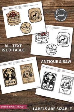 The Vintage Christmas Stickers Printable - Set 1 features editable vintage-style apothecary labels in color and black & white with reindeer, Santa, and eggnog designs. All text is editable, antique & B&W options included, labels are sizable.