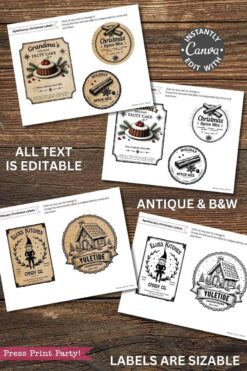 The Vintage Christmas Stickers Printable - Set 1 includes four editable, vintage-style labels for fruit cake, spice mix, candy, and yuletide treats in antique black-and-white designs. Sizes are adjustable for easy customization.