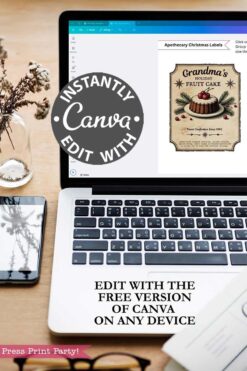 A laptop on a wooden desk shows a Canva screen with