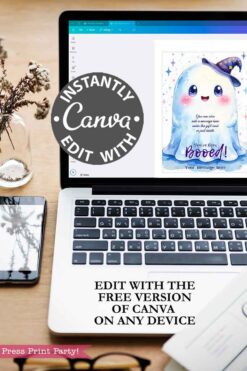 A laptop displays a Canva design for the Cute Ghost Halloween Gift Card Holder, reading
