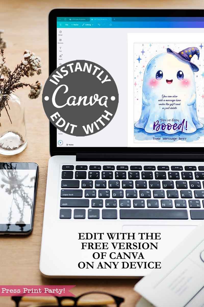 A laptop displays a Canva design for the Cute Ghost Halloween Gift Card Holder, reading "Booed!" beside a phone and vase. Overlay: "Instantly edit with Canva" and "Edit with the free version of Canva on any device.