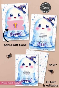 The Cute Ghost Halloween Gift Card Holder includes three pastel ghost-themed cards with a purple witch hat, stars, editable text, space for a gift card, and decorative spiders on a beige background.