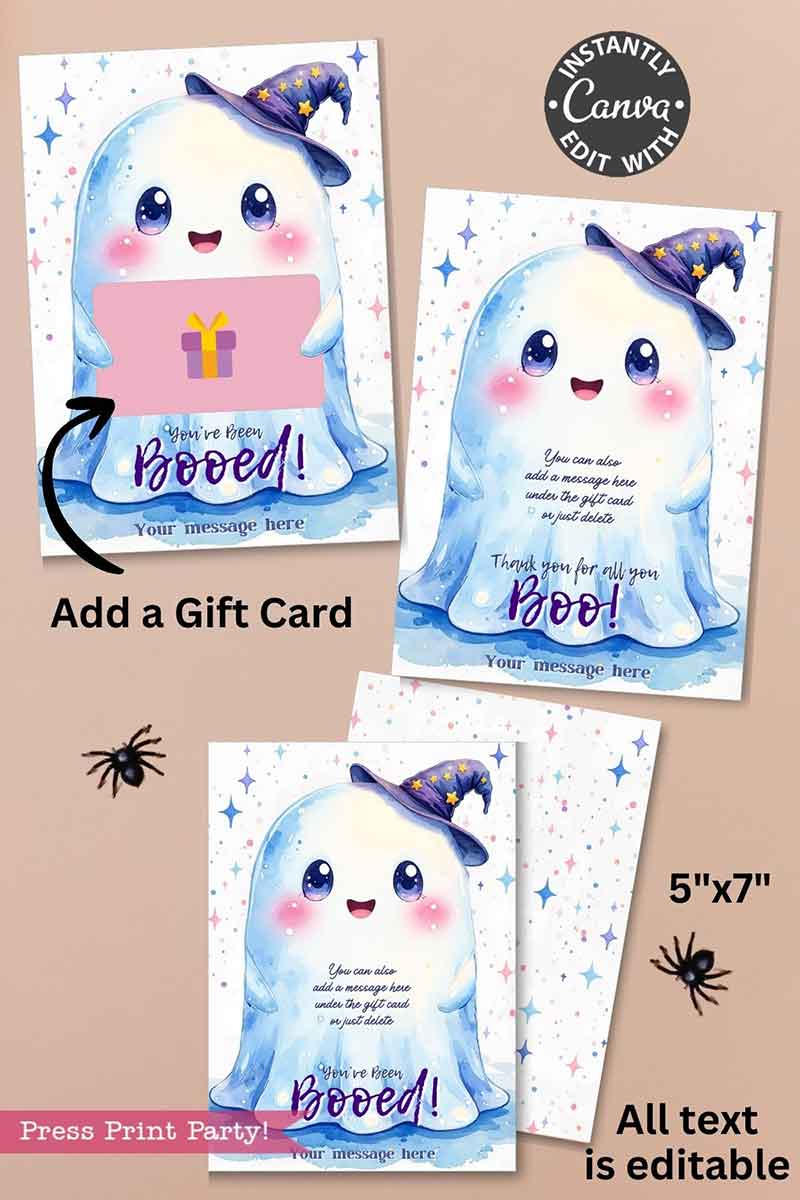 The Cute Ghost Halloween Gift Card Holder includes three pastel ghost-themed cards with a purple witch hat, stars, editable text, space for a gift card, and decorative spiders on a beige background.