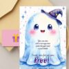 The Cute Ghost Halloween Gift Card Holder features a smiling ghost with rosy cheeks and a purple wizard hat on a card that reads, "Thank you for all your boo!" Editable text spaces, an envelope, and a pink gift card are included.