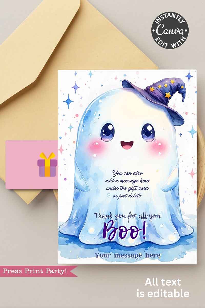 The Cute Ghost Halloween Gift Card Holder features a smiling ghost with rosy cheeks and a purple wizard hat on a card that reads, "Thank you for all your boo!" Editable text spaces, an envelope, and a pink gift card are included.