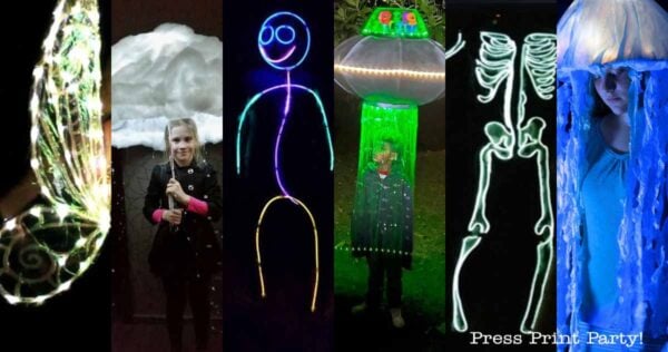 A collage of six creative Halloween costume that lights up designs, including a butterfly wing, cloud, stick figure, skeleton, and two glowing jellyfish. People wear each costume. The text reads “Press Print Party!”.