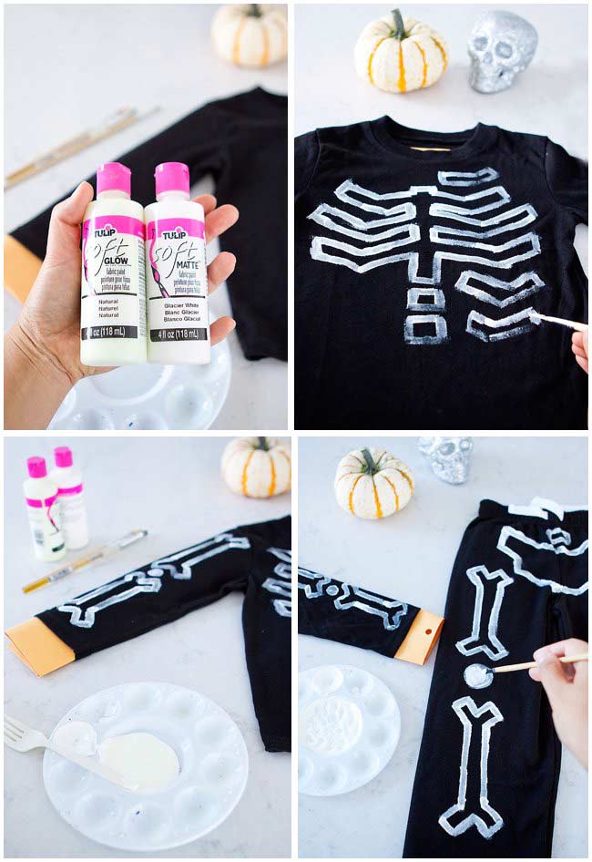 Four-step collage showing how to paint a skeleton costume on black clothing using white fabric paint. Supplies, painted shirt, painted pants, and finished set are shown. Small pumpkins and a skull are in the background.