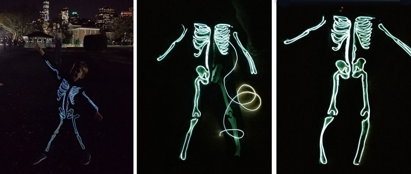 A child wearing a glowing skeleton costume at night is shown dancing outside on the left, while the center and right images show only the illuminated skeleton outline in darkness.