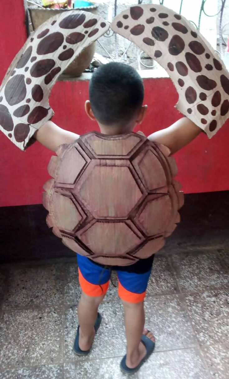 A child wearing a homemade turtle costume with a brown shell and large flipper-like arms stands indoors facing away from the camera, showcasing creative under the sea costume ideas.