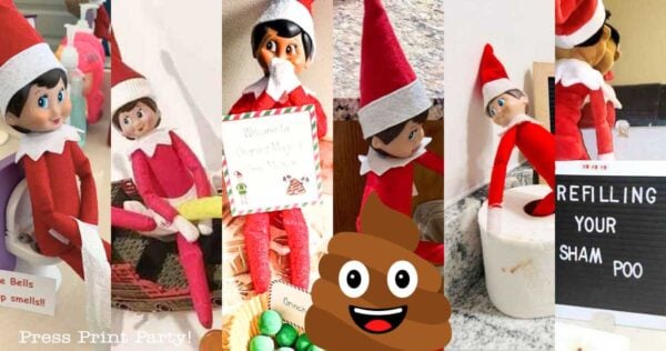 A collage of elf on the shelf poop ideas: Elf dolls in funny bathroom scenes—one with deodorizing spray, another on toilet paper, a sign saying "Refilling your sham poo," and a cartoon poop emoji at the center.