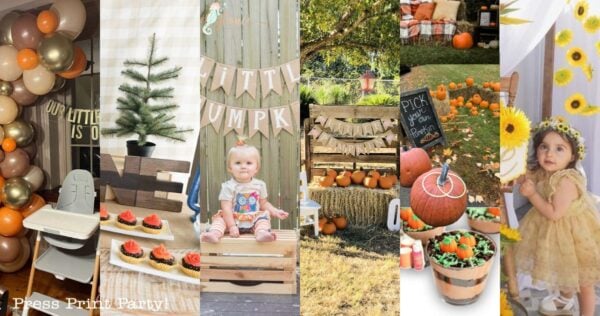 A collage of fall-themed first birthday party scenes, including balloons, a decorated high chair, pumpkins, picnic blankets, sunflowers, festive treats, and young children enjoying autumn decorations.