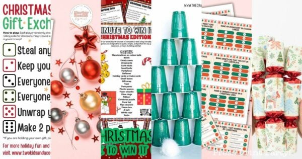 A collage of colorful Christmas party game ideas, including printable instructions, red and gold ornaments, stacked green cups, wrapped gifts, and festive gift exchange rules with holiday-themed designs.