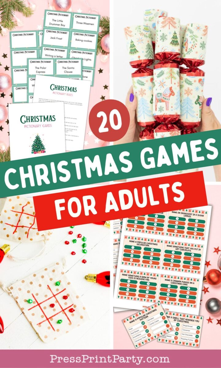 Collage of printable Christmas party games for adults, including cards, game sheets, and festive crackers, with a banner reading “20 Christmas Games for Adults” and the website PressPrintParty.com at the bottom.
