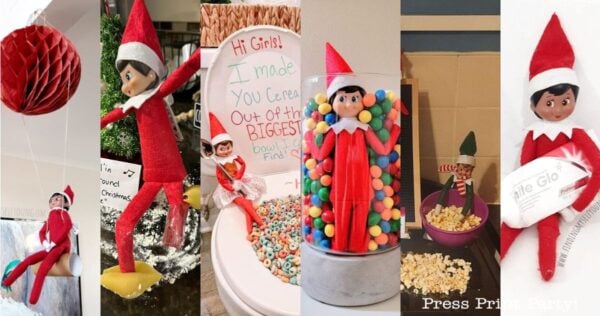 A collage of five Elf on the Shelf dolls posed in various creative holiday scenes, including swinging on decorations, riding a banana, sitting in cereal, lounging in candy, and resting in a popcorn-filled sink.