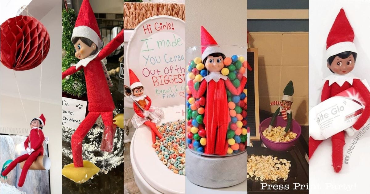 A collage of five Elf on the Shelf dolls posed in various creative holiday scenes, including swinging on decorations, riding a banana, sitting in cereal, lounging in candy, and resting in a popcorn-filled sink.