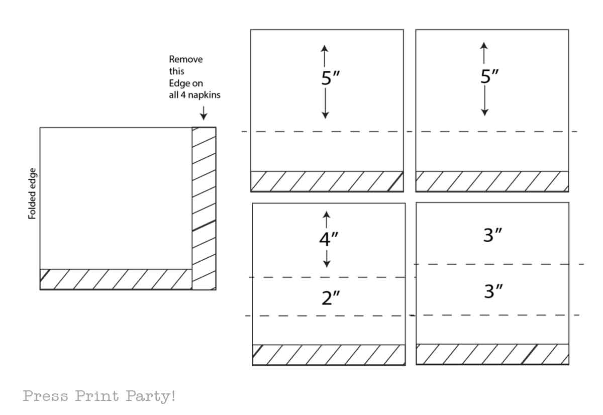 Diagram showing instructions for trimming napkin edges for christmas tree table decor, with labeled measurements for cutting at 5", 4", 3", and 2" from the edge on four napkins, plus a note to remove a specific edge on each napkin.
