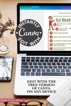 A laptop displays the Elf on the Shelf Movie Night Printable Kit open in Canva, with text saying “Instantly edit with Canva” and “Edit with the free version of Canva on any device.” A mouse, camera, and mug are nearby.