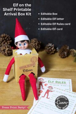 An elf sits with outstretched legs in a box labeled “Special Delivery for Oliver.” Nearby are printable cards like “Elf Rules,” an elf card, and a secret santa note from the Elf on the Shelf Movie Night Printable Kit. Text lists editable kit features.