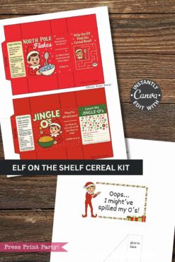 Printable "Elf on the Shelf Movie Night" kit featuring vibrant red designs, an illustrated elf, playful text, activity instructions, and a label that reads "Oops... I might've spilled my O's!"—perfect for Secret Santa gift giving.