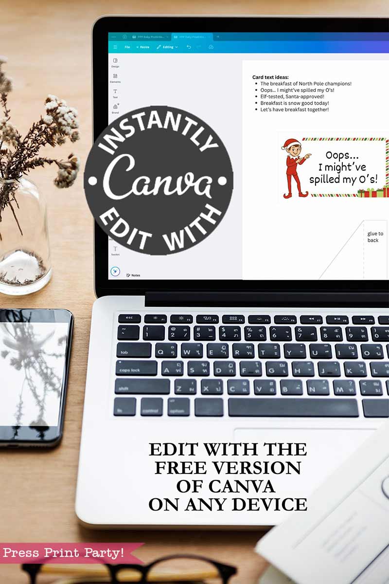 A laptop with the Canva editor open shows the Elf on the Shelf Movie Night Printable Kit. Text: “Instantly edit Elf on the Shelf Movie Night Printable Kit with Canva. Edit free on any device.”.