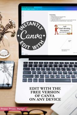 A laptop with the Elf on the Shelf Movie Night Printable Kit open in Canva sits on a desk. Text: