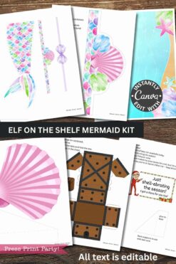 Six printable pages from the Elf on the Shelf Movie Night Printable Kit are shown, featuring colorful movie-themed designs, editable text options, and a Canva editing label—perfect for a secret Santa printable activity.