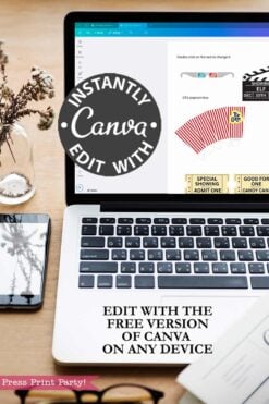 An open laptop displays the Elf on the Shelf Movie Night Printable Kit on Canva, sitting on a desk beside a vase, pen, and phone. Text reads: “Instantly Edit with Canva. Edit free on any device.”.