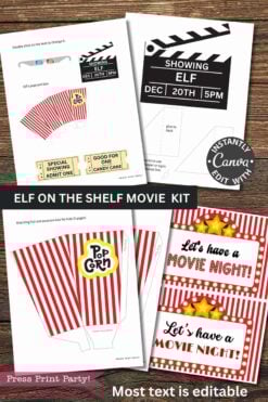The Elf on the Shelf Movie Night Printable Kit includes editable movie tickets, red-striped popcorn box templates, a popcorn label, and a clapperboard sign for the "Elf" movie. Most text is customizable—ideal as a Secret Santa printable gift!.