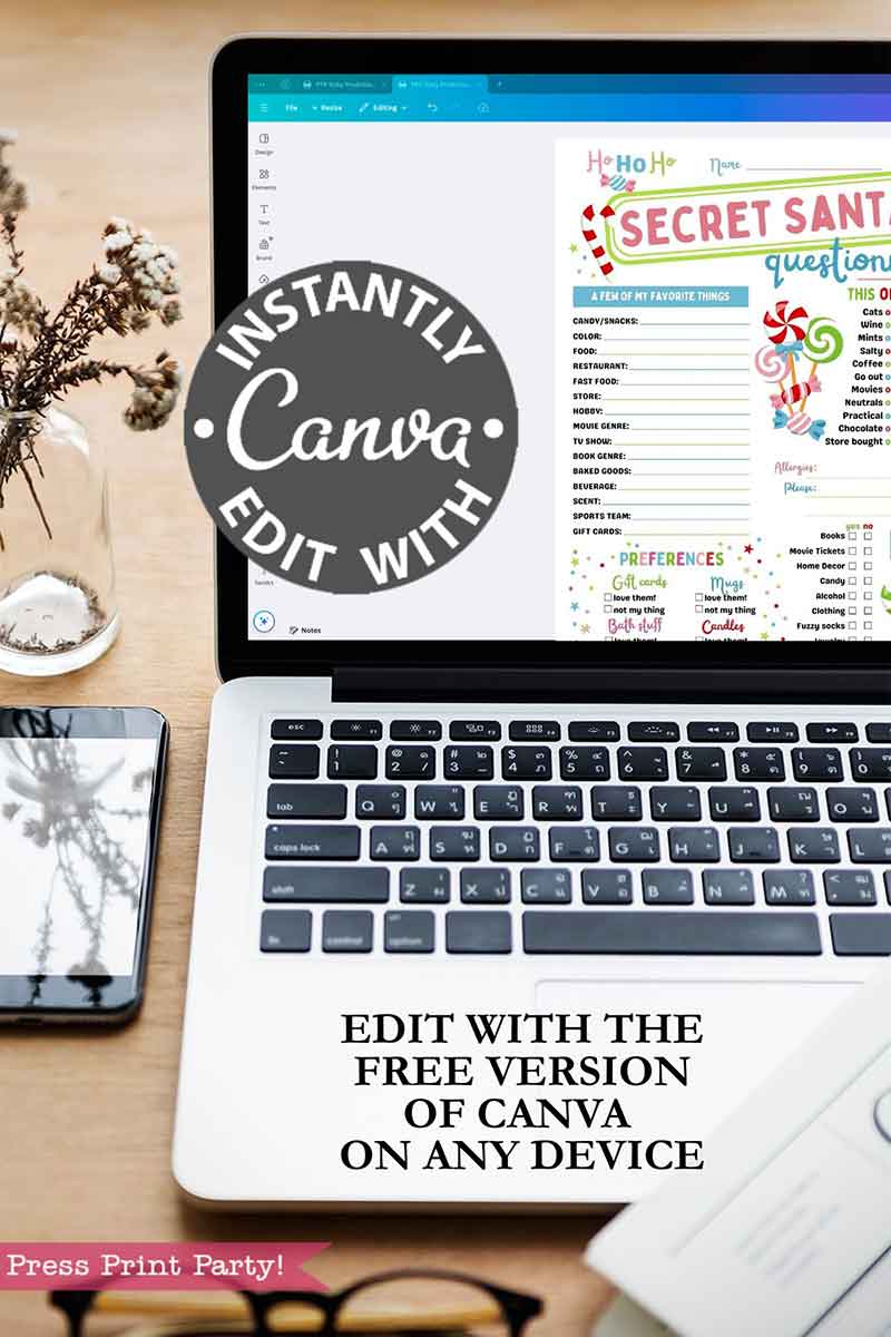A laptop displays the "template Canva (Copy)" Secret Santa Questions template with a “Instantly Edit with Canva” badge. A phone, pen, and potted plant are nearby. Below: “Edit with the free version of Canva on any device.”.