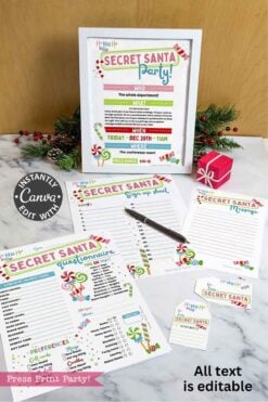 The template Canva (Copy) is shown on a marble surface with festive decor, featuring editable Secret Santa party forms like details sheets, wish lists, message cards, and gift guides. A pink gift box completes the holiday look.