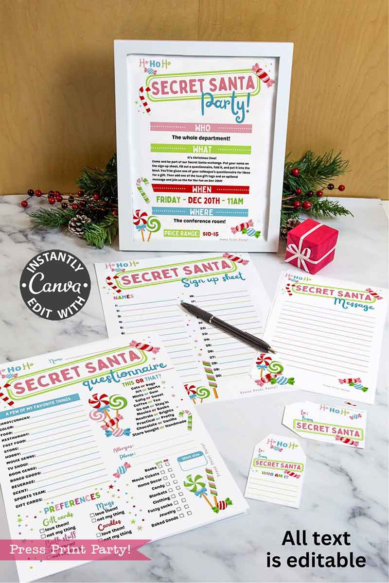 The template Canva (Copy) is shown on a marble surface with festive decor, featuring editable Secret Santa party forms like details sheets, wish lists, message cards, and gift guides. A pink gift box completes the holiday look.