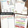 Template Canva (Copy) offers a vibrant Secret Santa kit with printable sheets, including a questionnaire, sign-up sheet, invitation, and message cards—each adorned with festive Christmas candy and holiday graphics.