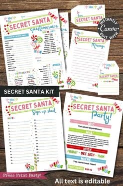 Template Canva (Copy) offers a vibrant Secret Santa kit with printable sheets, including a questionnaire, sign-up sheet, invitation, and message cards—each adorned with festive Christmas candy and holiday graphics.