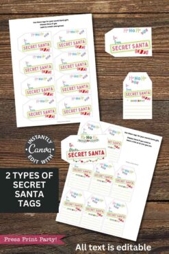 Template Canva (Copy) offers printable Secret Santa gift tags in two festive styles on white sheets, with colorful holiday designs like candy canes and Christmas lights. Features “Ho Ho Ho!” and “To/From Secret Santa.” Editable in Canva.
