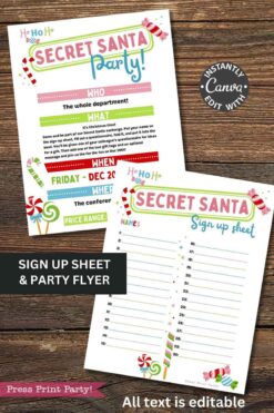 The template Canva (Copy) includes two vibrant Christmas printables: a party flyer for event details and a sign-up sheet with numbered lines, both adorned with candy graphics and festive fonts.