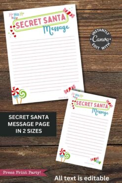 Two Secret Santa message templates, decorated with candy canes and lollipops, feature lined sections and colorful 