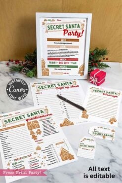 The template Canva (Copy) printable set is shown on marble with Christmas greenery and a small red gift box, featuring sign-up sheets, questionnaires, messages, and editable forms in festive red and green.