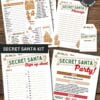 The "template Canva (Copy)" is a printable Secret Santa kit with editable sheets—questionnaire, sign-up sheet, party invite, and message cards—all with festive decorations, gingerbread cookies, and red-green holiday designs.