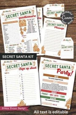 The "template Canva (Copy)" is a printable Secret Santa kit with editable sheets—questionnaire, sign-up sheet, party invite, and message cards—all with festive decorations, gingerbread cookies, and red-green holiday designs.