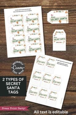 Two printable Secret Santa gift tag templates for Canva with festive designs on wood backgrounds. Tags read “from: SECRET SANTA” and “Ho Ho Ho” in holiday colors. Edit the text easily. Overlay: 