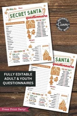 This festive template Canva (Copy) features two Secret Santa questionnaires with gingerbread and holiday graphics, favorites and preferences questions, a “This or That?” section, plus icons of gifts, cookies, and Christmas decorations.