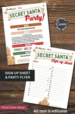 The template Canva (Copy) includes two festive Secret Santa printables: a signup sheet with numbered lines and a fillable party flyer (who, what, when, where, price). Both feature editable text and holiday-themed designs.