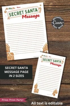 Two Secret Santa message pages from template Canva (Copy), featuring festive gingerbread house and holly designs, shown on a wooden surface—one letter-sized, one half-sized. All text is fully editable in Canva.