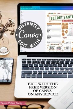 A laptop shows the template Canva (Copy) Secret Santa questionnaire on screen, on a desk with a phone, notebook, and vase. Text: 