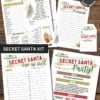 The "template Canva (Copy)" is a printable Secret Santa kit with festive sign-up sheets, questionnaires, message cards, and party invites featuring Christmas trees, gifts, and editable red, green, and gold text on white backgrounds.