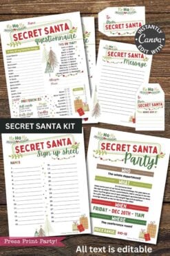 The "template Canva (Copy)" is a printable Secret Santa kit with festive sign-up sheets, questionnaires, message cards, and party invites featuring Christmas trees, gifts, and editable red, green, and gold text on white backgrounds.