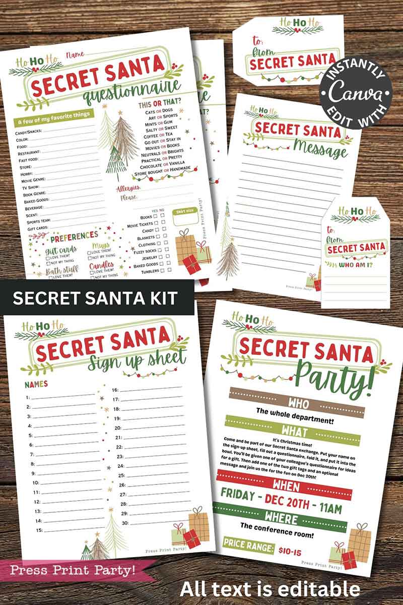The "template Canva (Copy)" is a printable Secret Santa kit with festive sign-up sheets, questionnaires, message cards, and party invites featuring Christmas trees, gifts, and editable red, green, and gold text on white backgrounds.