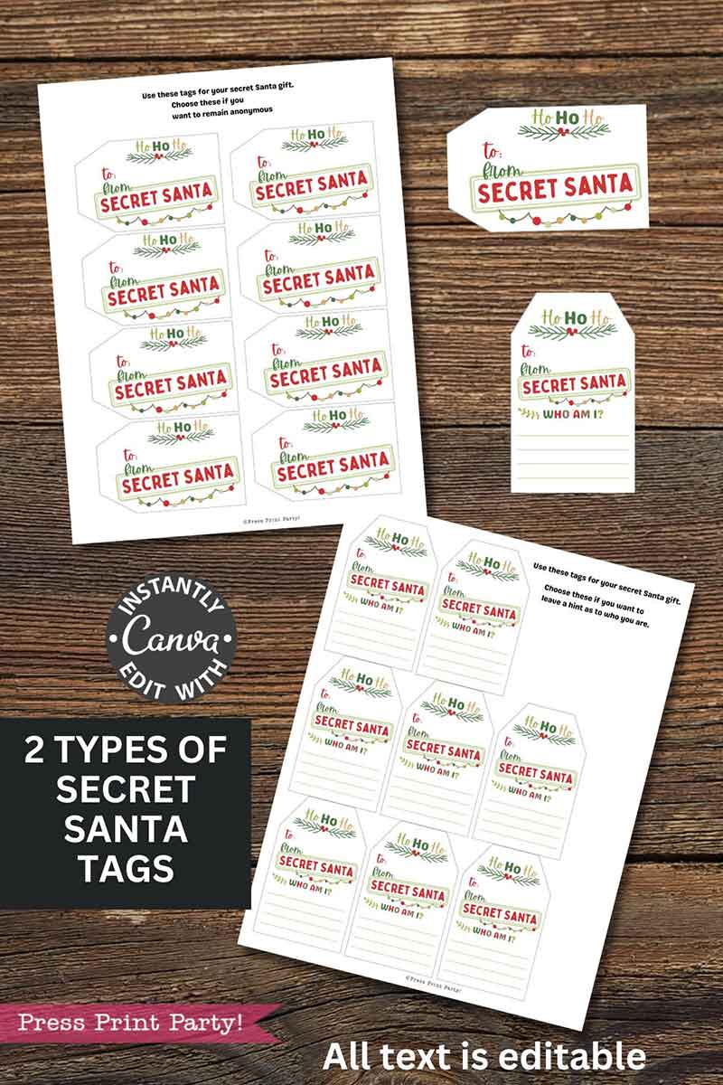 Printable "template Canva (Copy)" features two festive sheets of Secret Santa gift tags in red and green, with messages like "To: From: Secret Santa" and "Ho Ho Ho! To: From: Secret Santa WHO AM I?" on a wood background.